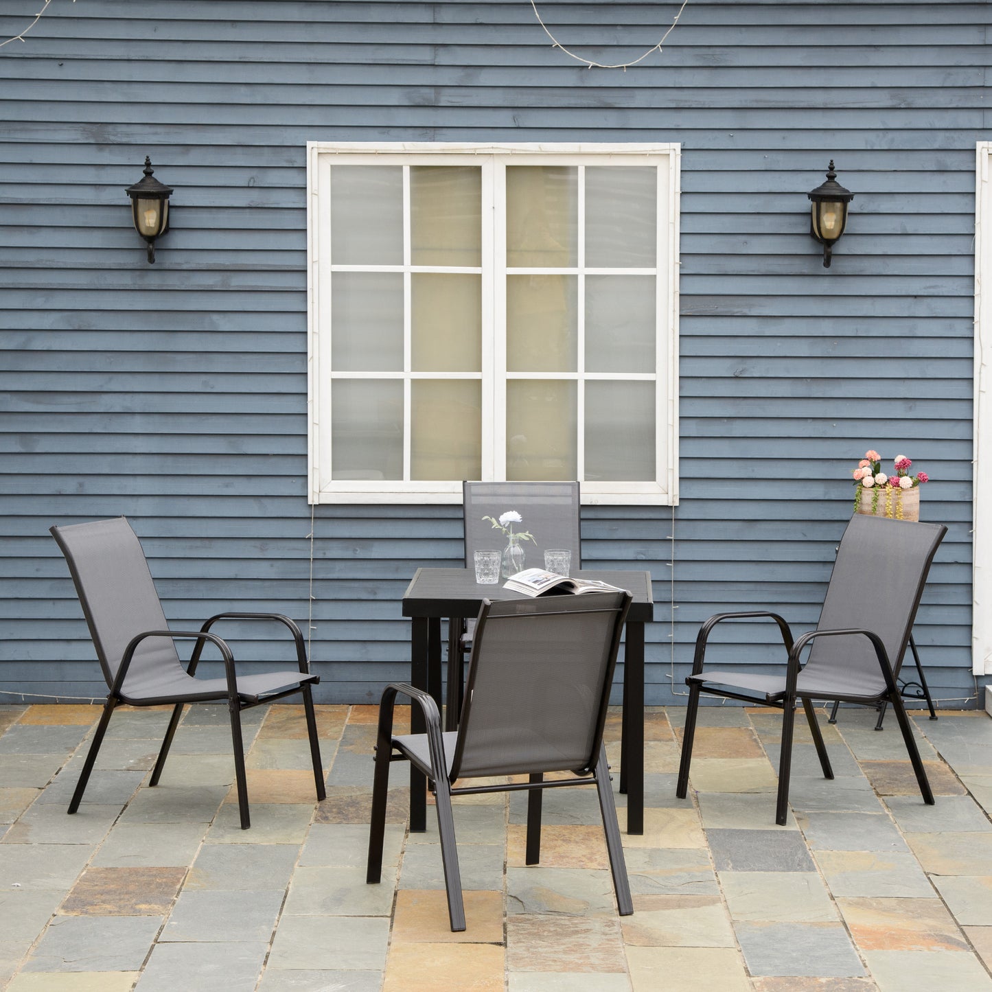 Set of Four Stackable Mesh Seat Chairs - Dark Grey
