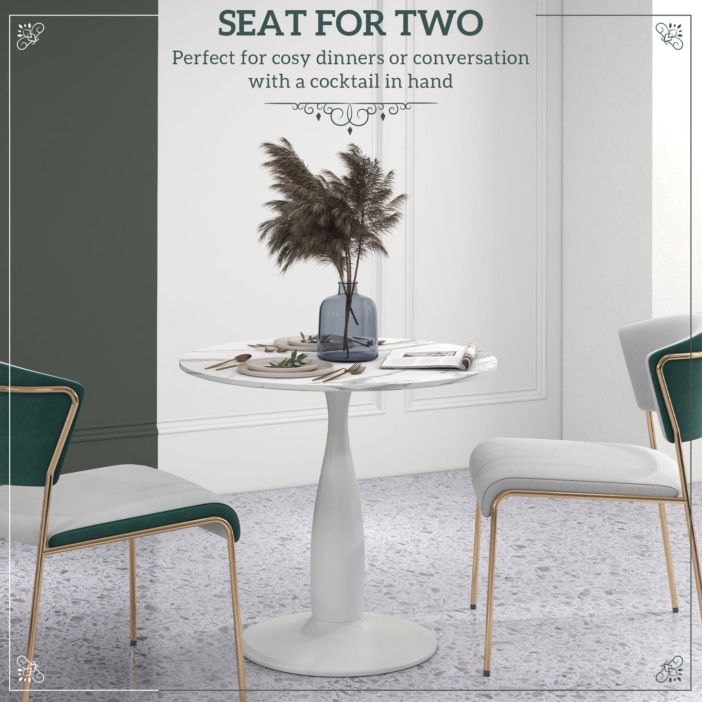 Small 2-Person Dining Table, Elegant Design Table with Steel Base and Non-slip Foot Pad, White and Grey