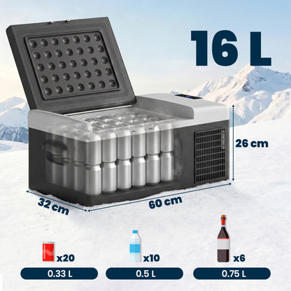 16L Portable Car Fridge, -20℃ to 10℃ Adjustable Temperature - Black/Grey