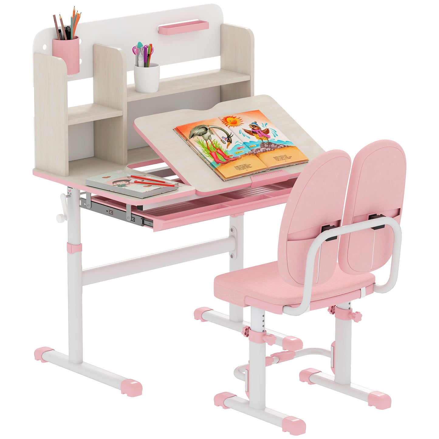 Kids Desk and Chair Set, with Storage Shelves, Washable Cover, for Ages 3-12 Years - Pink