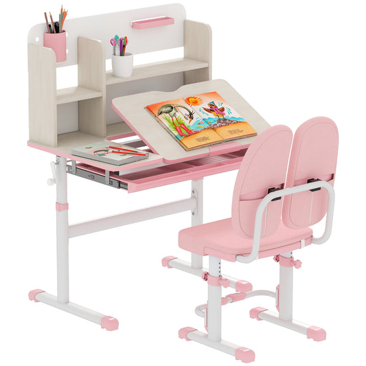 Kids Desk and Chair Set, with Storage Shelves, Washable Cover, for Ages 3-12 Years - Pink