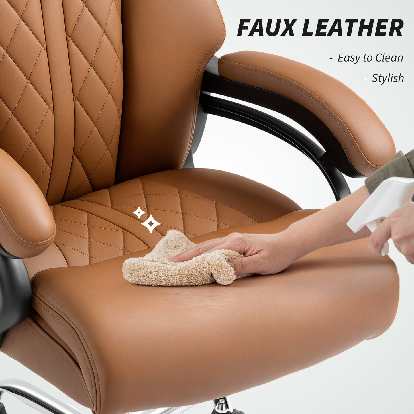 Spring Padded Faux Leather Office Chair with Super Padded, Reclining Office Chair - Light Brown