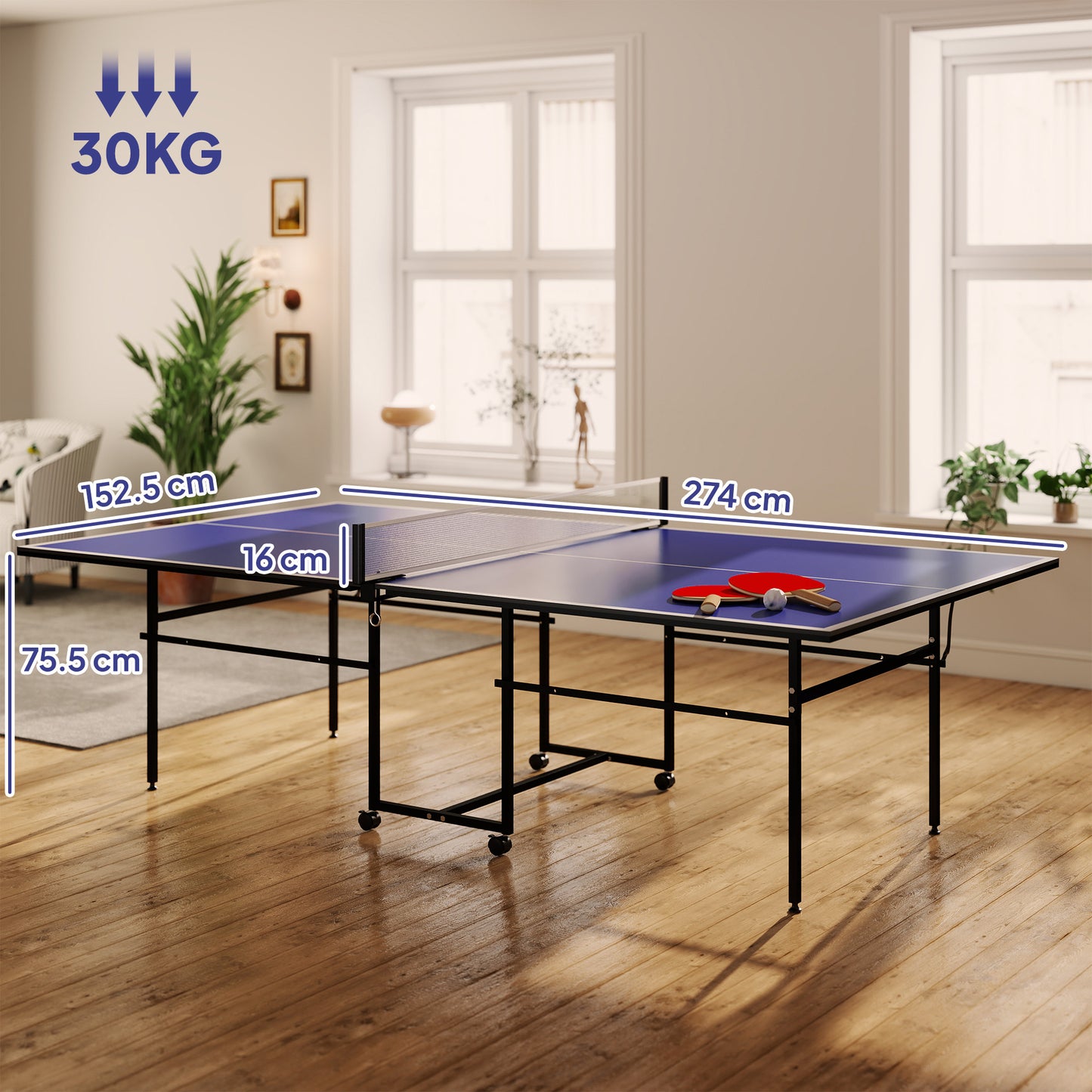 9FT Folding Table Tennis Table with Four Wheels, for Indoor Use, Blue