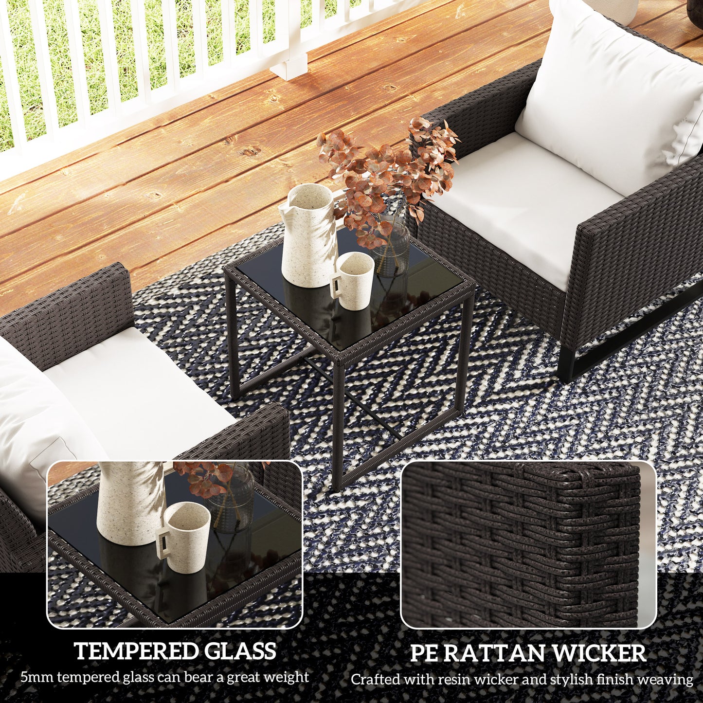 3 Pieces Rattan Bistro Set with 4 Cushions, Wicker Garden Furniture Set, Glass Top Coffee Table and Chairs for Outdoor Patio