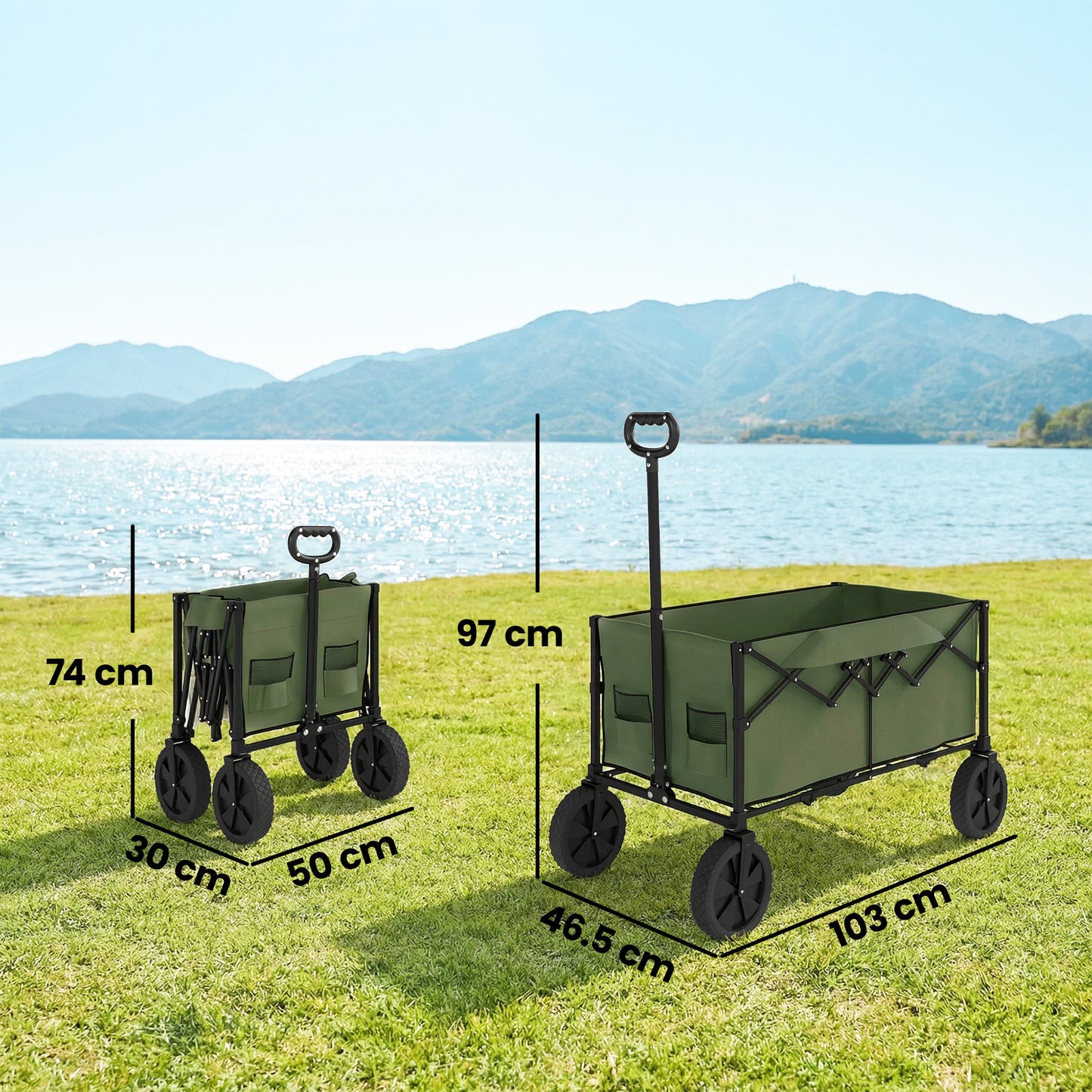 95L Foldable Festival Trolley on Wheels, Collapsible Wagon Cart with Adjustable Handle and 2 Cup Holders, Dark Green