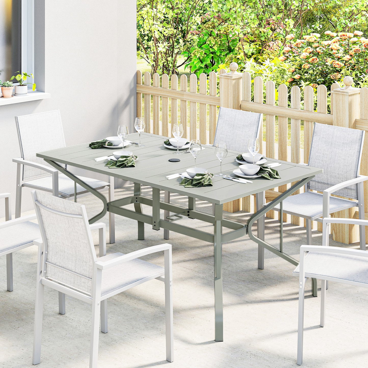 Rectangle Garden Table with Parasol Hole, Outdoor Dining Table for 6, Patio Table for Balcony, 150cm x 90cm, Light Grey
