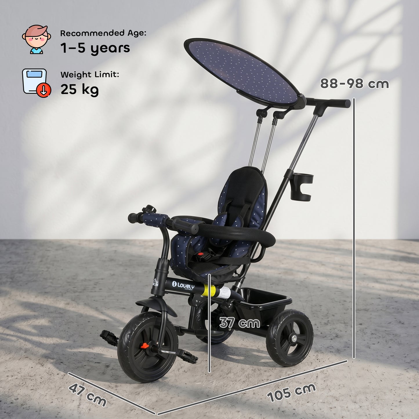 6 in 1 Tricycle for Kids with 5-point harness straps, Removable Canopy, Dark Blue