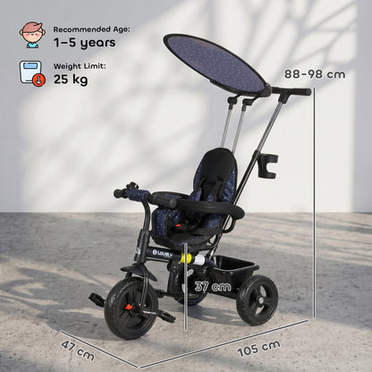 6 in 1 Tricycle for Kids with 5-point harness straps, Removable Canopy, Dark Blue