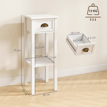 2-Tier Side Tables Set of 2 with Drawer and Shelf, 2 Pieces Bedside Tables for Living Room and Hallway, White