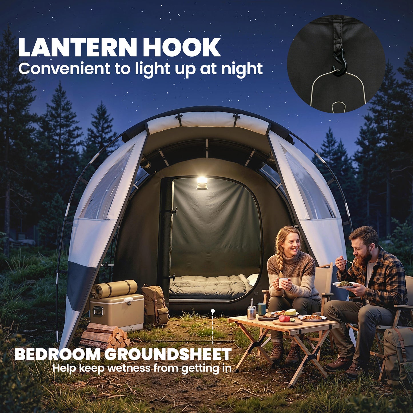 Camping Tent, 3 Man Blackout Tent with Bedroom and Living Room, Portable with Bag, for Fishing Hiking Festival, Khaki