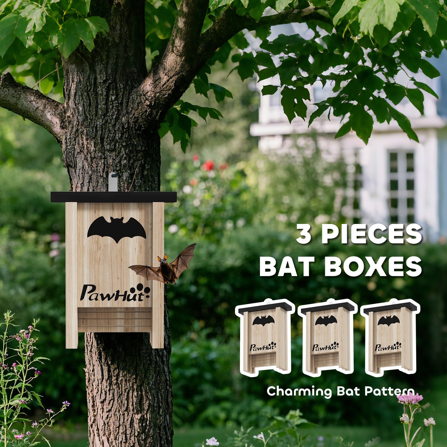 3PCs Wooden Bat Boxes, Bat Houses Designed to Attract Bats & Easy to Hang for Outdoor, Garden, Farm, 18 x 6 x 22.5 cm