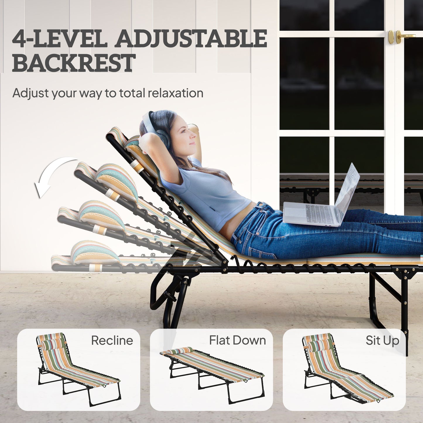 Folding Sun Lounger Beach Chaise Chair Garden Reclining Cot Camping Recliner with 4 Position Adjustable Multicolored