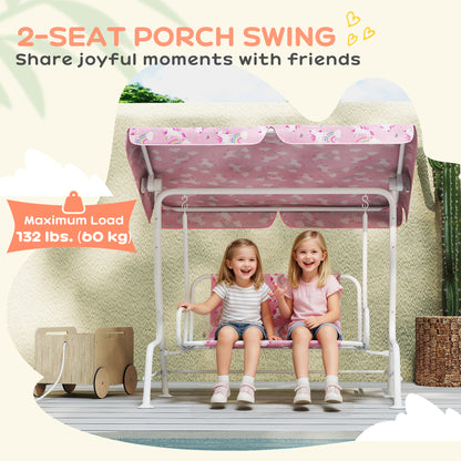 Kids Porch Swing, 2-Seater Patio Swing Bench Hammock with Seat Belts, Adjustable Canopy for Garden, Pink