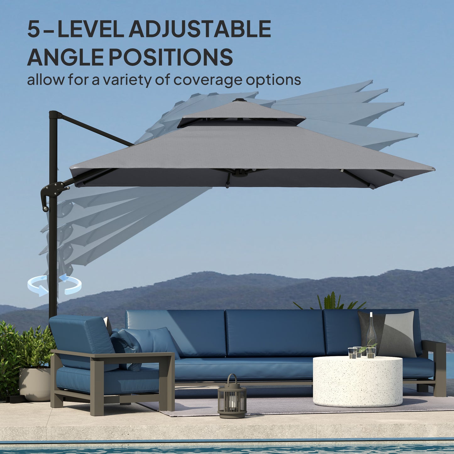 3 x 3(m) Cantilever Parasol with Aluminium Frame, Crank and Tilt, 360-Degree Rotation, Double Top Garden Umbrella