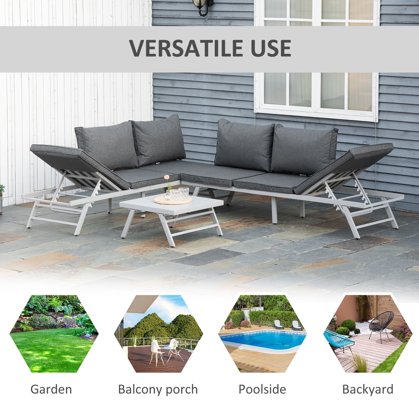 3 Pieces Garden Furniture Sets, 6 Seater Corner Sofa Set with Adjustable Backrest Chase Lounge with Slatted Metal Top Table