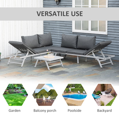 3 Pieces Garden Furniture Sets, 6 Seater Corner Sofa Set with Adjustable Backrest Chase Lounge with Slatted Metal Top Table