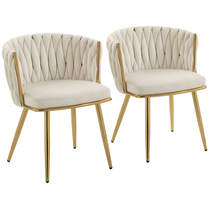 Velvet-Feel Dining Chairs Set of 2, Modern Upholstered Armchair with Knot Design and Golden Metal Legs