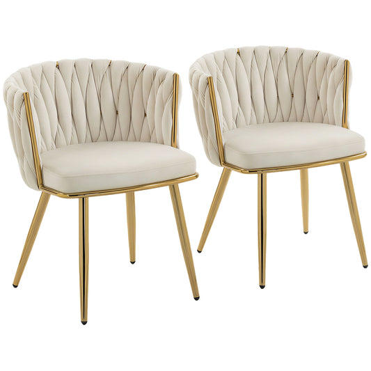 Velvet-Feel Dining Chairs Set of 2, Modern Upholstered Armchair with Knot Design and Golden Metal Legs