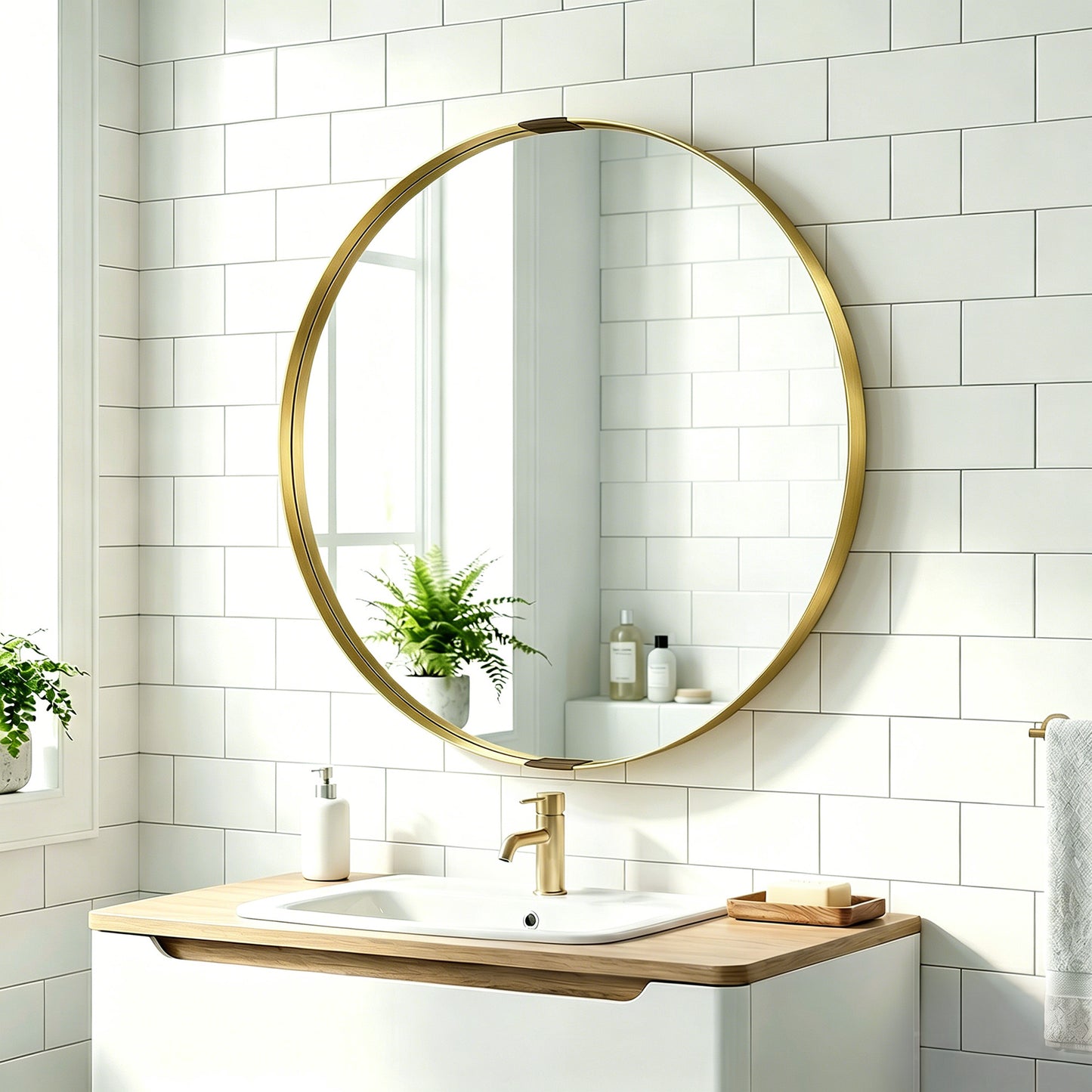 Round Wall Mirror 61 cm, Wall Mounted Bathroom Mirror with Tempered Safety Glass and Aluminium Alloy Frame, Gold Tone