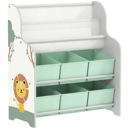 Kids Storage Unit, Toy Organiser with 6 Fabric Drawers and 2-Tier Sling Book Rack for Bedroom, Playroom, Nursery, Green