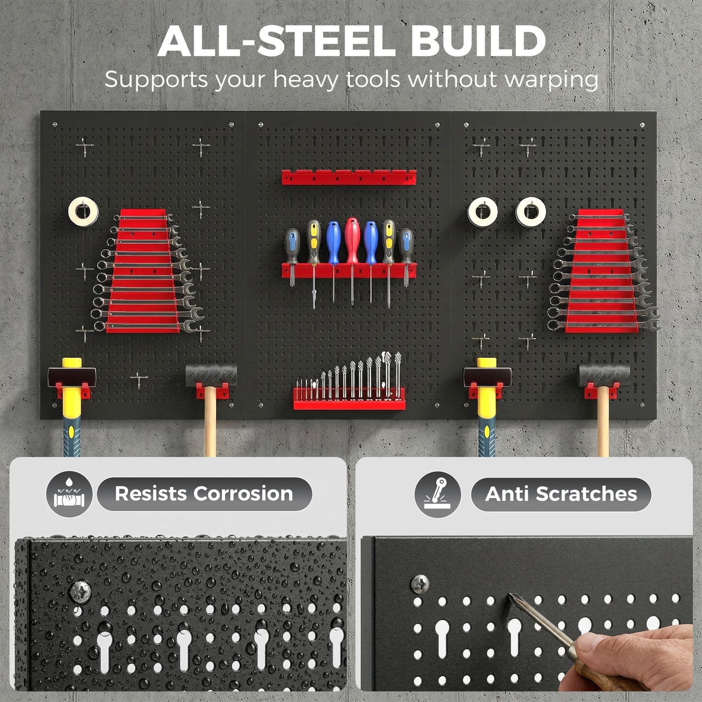 28 Pcs Wall-Mounted Pegboard with 3 Boards, Garage Tool Storage Unit Black and Red