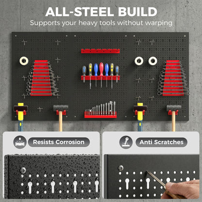 28 Pcs Wall-Mounted Pegboard with 3 Boards, Garage Tool Storage Unit Black and Red