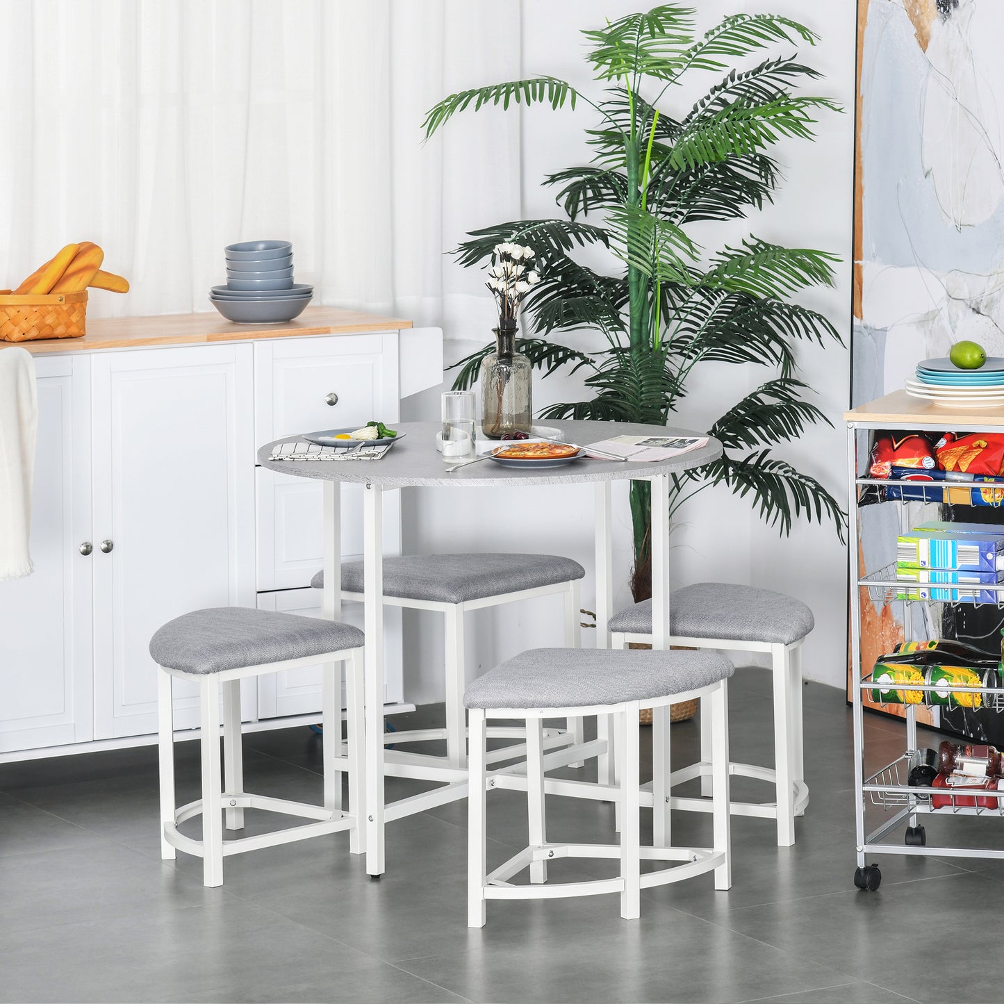 Modern Round Dining Table Set with 4 Upholstered Stools for Dining Room, Kitchen, Grey
