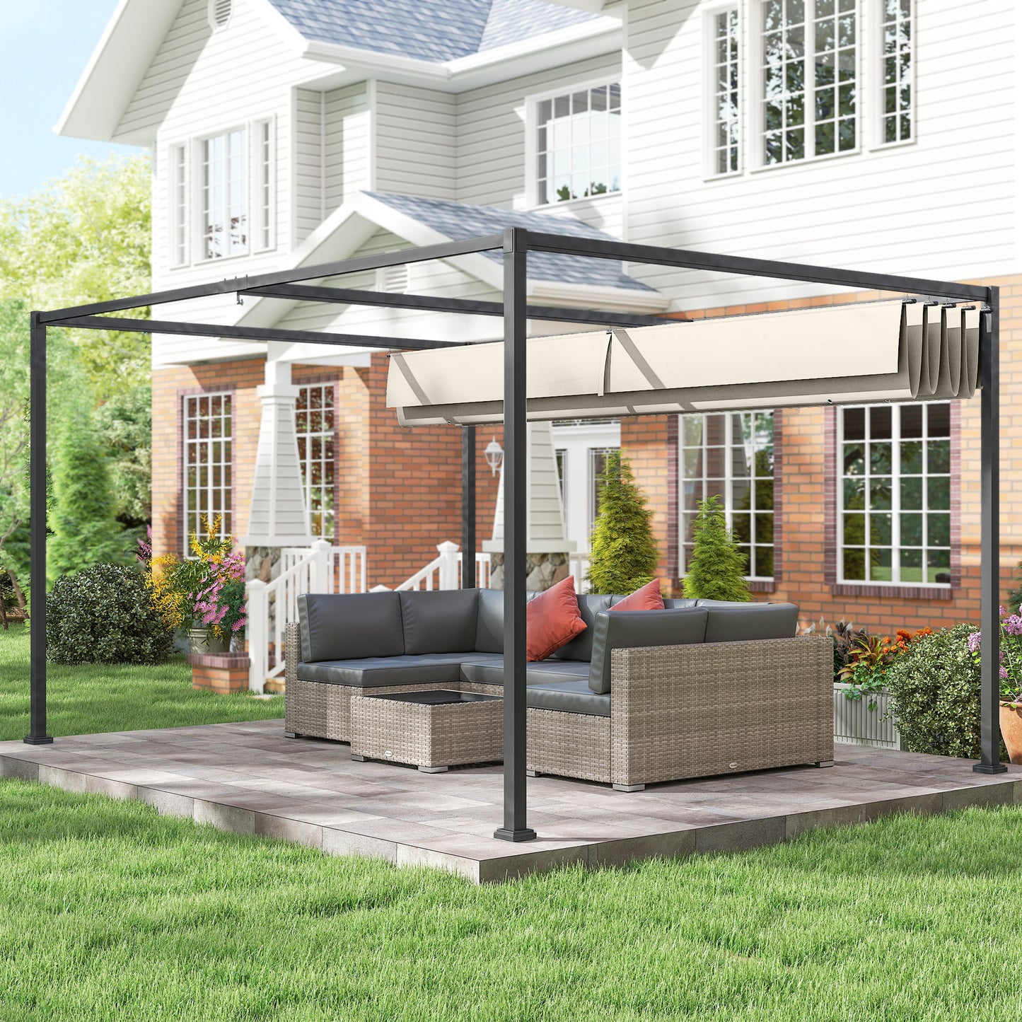 3x2m Metal Pergola with Retractable Roof, Garden Gazebo Canopy Shelter for Outdoor, Patio, Cream White