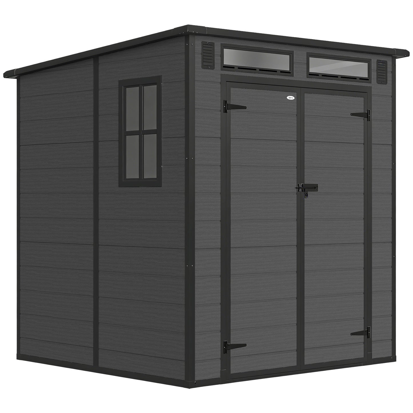 6 x 6 ft Plastic Garden Shed, Wood-Effect Outdoor Storage Shed with Floor, Windows, Lockable Doors and Vents, Dark Grey