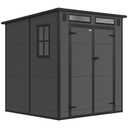 6 x 6 ft Plastic Garden Shed, Wood-Effect Outdoor Storage Shed with Floor, Windows, Lockable Doors and Vents, Dark Grey