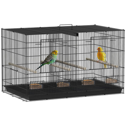 Bird Cage with Divider, 4 Wooden Perches, Slide Out Tray, 4 Feeders, for Budgie, Lovebird, Canary, 76 x 46 x 46cm, Black