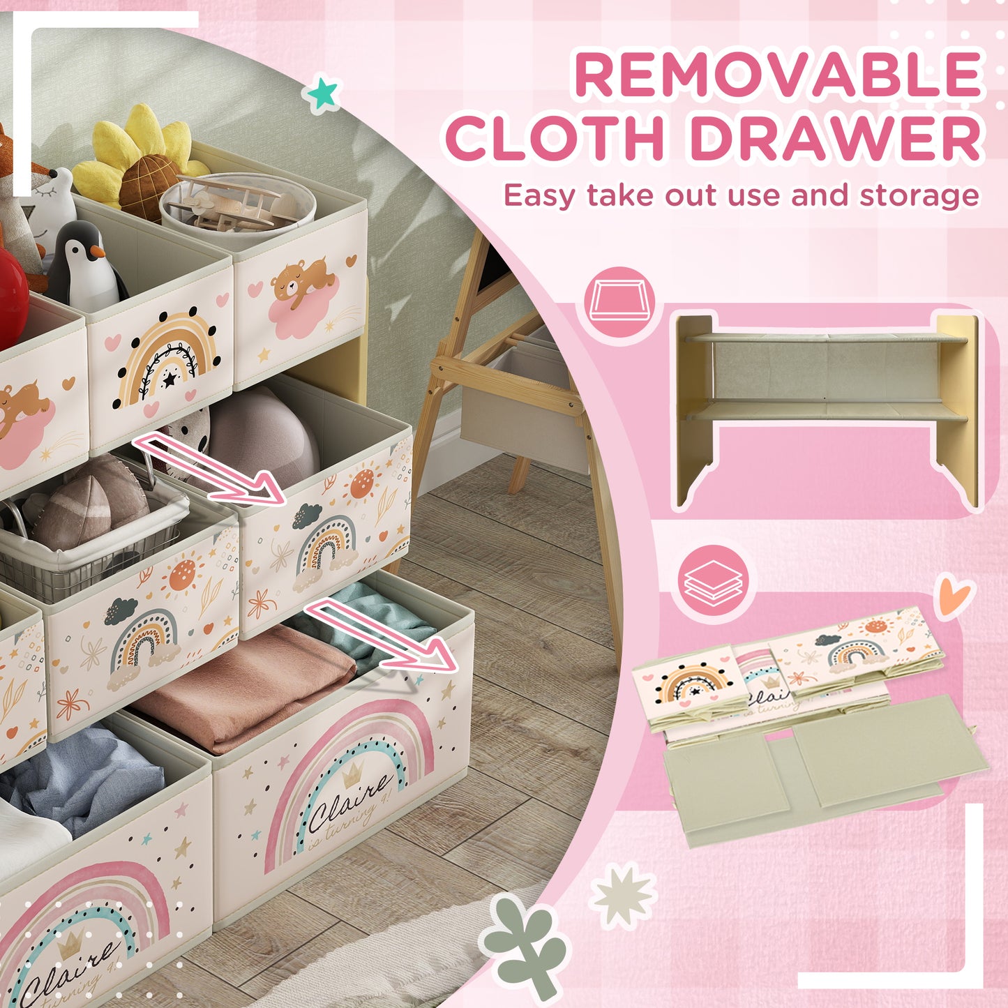 3-Tier Kids Storage Unit with 9 Non-Woven Fabric Boxes for Toys, Books, for Bedroom, Nursery, Yellow
