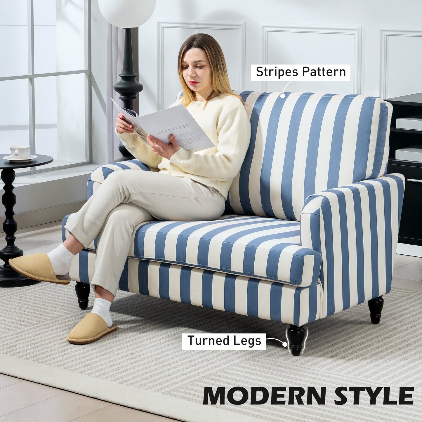 Modern Cuddle Chair, Velvet Single Sofa Armchair with Stripe, Turned Legs and Wide Seat