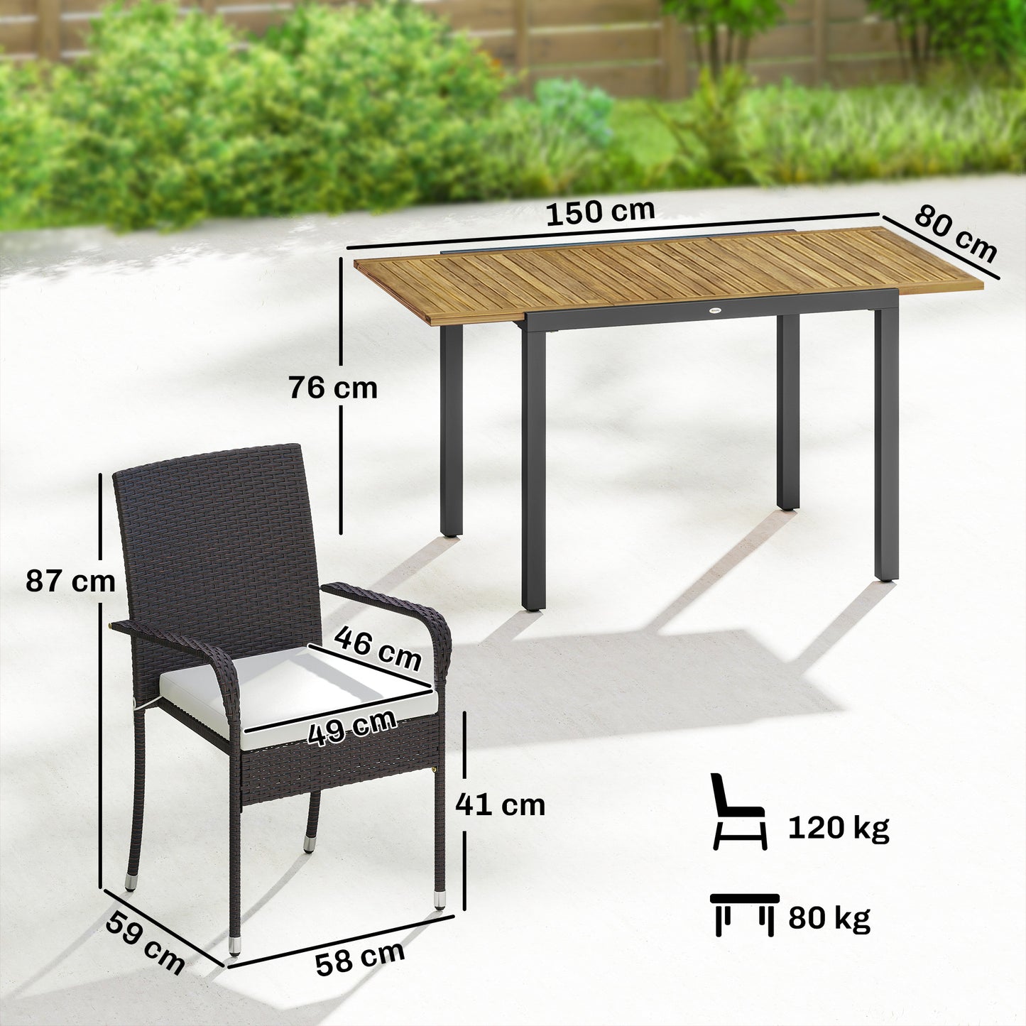 7 Piece Rattan Garden Furniture Set, 6 Seater Garden Table and 6 Stackable Chairs with Extendable Acacia Wood Tabletop