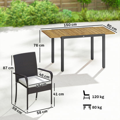 7 Piece Rattan Garden Furniture Set, 6 Seater Garden Table and 6 Stackable Chairs with Extendable Acacia Wood Tabletop
