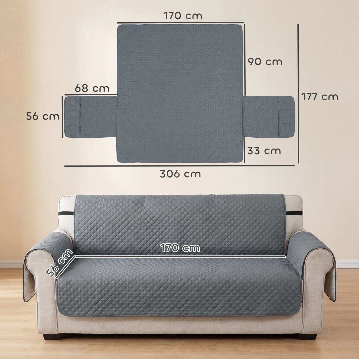 Waterproof Sofa Cover 3 Seater, Soft Couch Cover for Dogs Cats Pets, Non Slip Sofa Slipcoevr with Elastic Straps