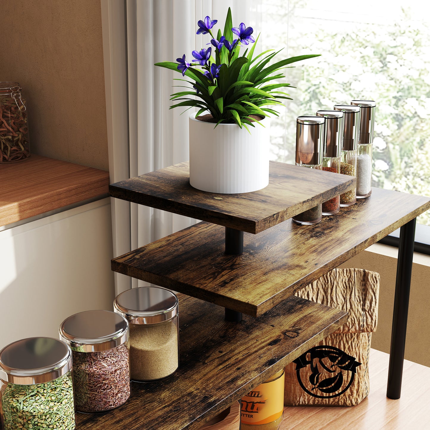 3-Tier Kitchen Countertop Organiser, Adjustable Spice Rack, Corner Shelf for Kitchen, Coffee Bar, Bathroom, Rustic Brown