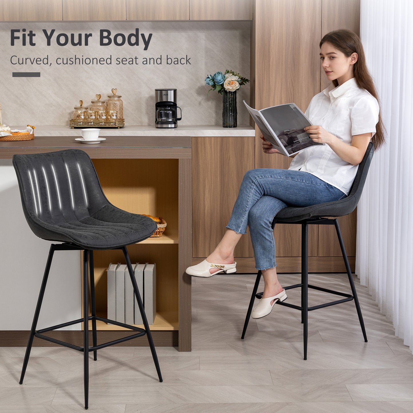 Set of 2 PU Leather Swivel Bar Stools - Black