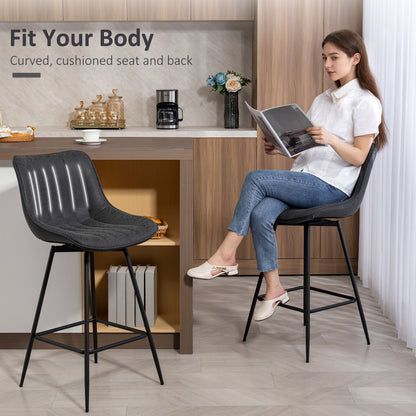 Set of 2 PU Leather Swivel Bar Stools - Black