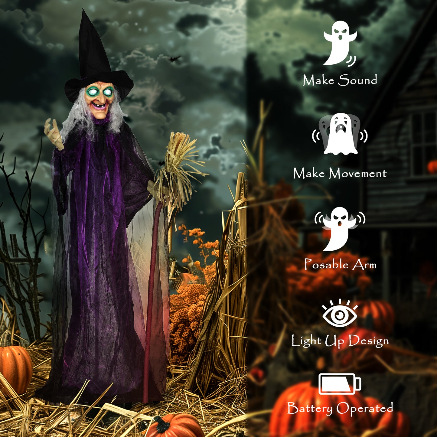 6ft Animated Witch Decoration, with Sound - Purple/White
