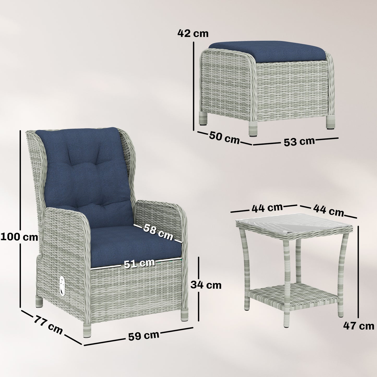 5 Piece Garden Furniture Set, Rattan Reclining Garden Chair Set of 2 with Footstool and Cushion for Balcony, Dark Blue
