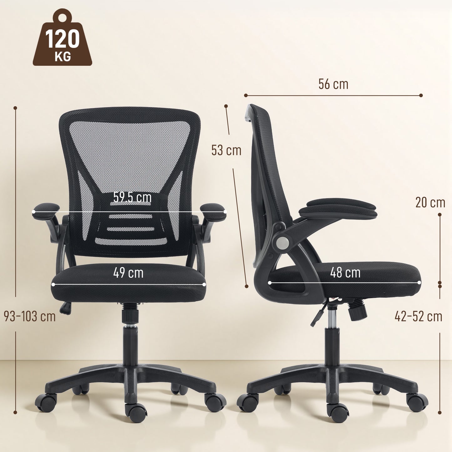 Office Chair, Mesh Desk Chair with Flip-up Armrests, Lumbar Support, Adjustable Height, Black