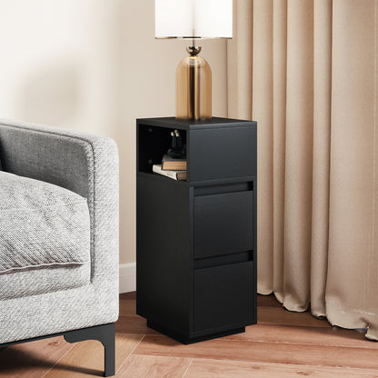Slim Bedside Table, Narrow Bedside Cabinet with Open Shelf and 2 Drawers for Bedroom, Living Room, Black