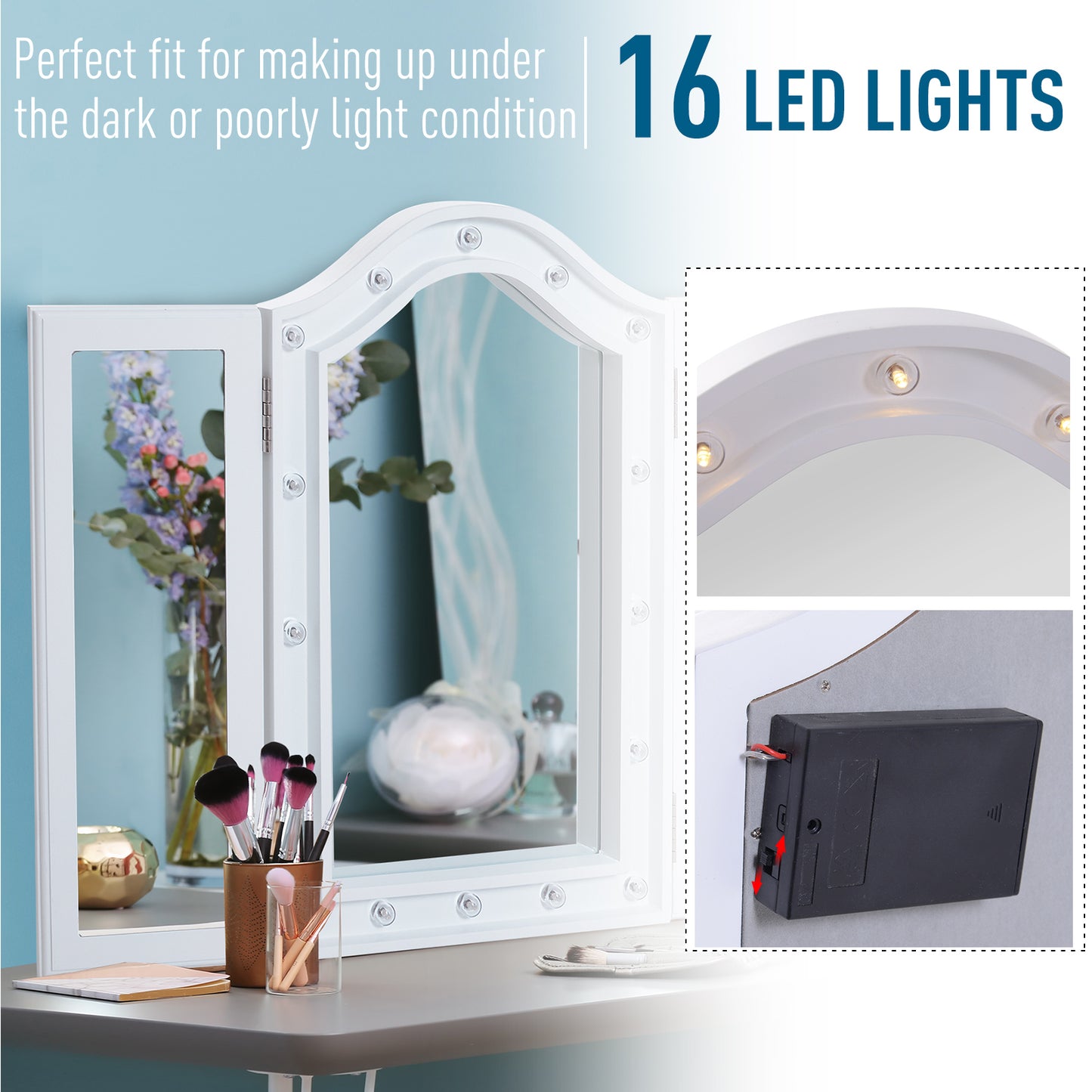 Trifold Tabletop Mirror, 73x53.5cm Makeup Mirror Large Cosmetic w/16 LED Lights Powered by Batteries, Foldable For Bedroom