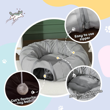 2 in 1 Cat Tunnel with Bed, Cat Play Tunnel with Ball & Peek Hole for Indoor Cats, Grey