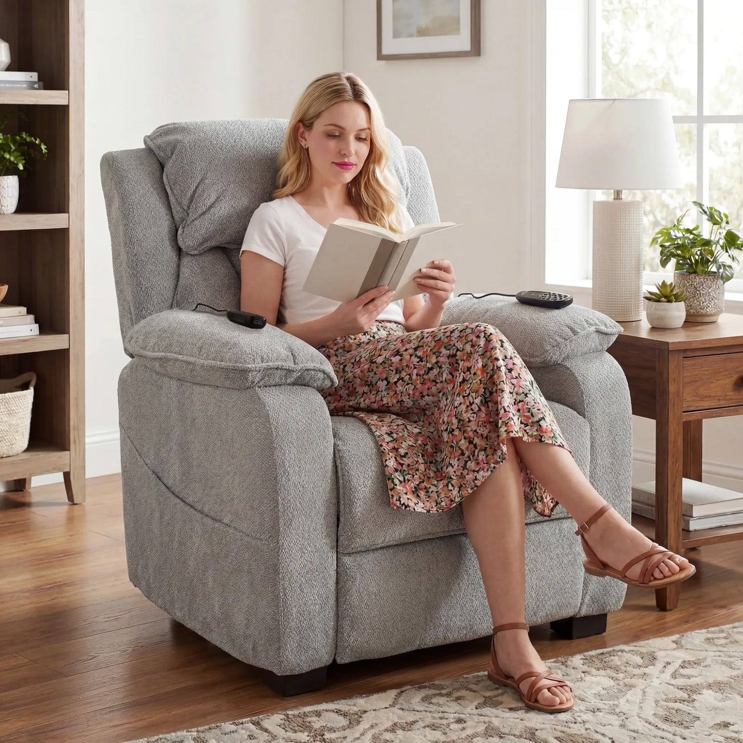 Power Recliner Armchair with Massage and Heat, Electric Reclining Chair with Wide Spring Seat, Light Grey
