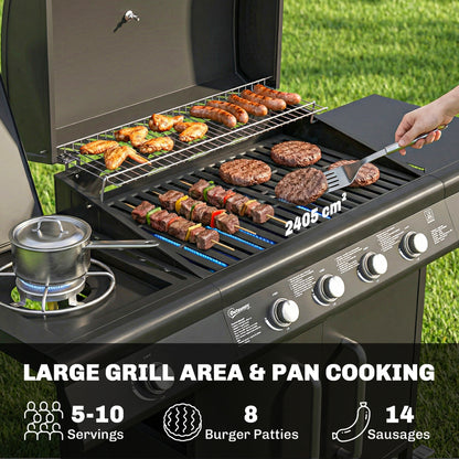 4+1 Burner Gas BBQ Grill with Storage Cabinet, 15.2 kW Gas Barbecue Trolley with Side Table, 4 Wheels, Warming Rack
