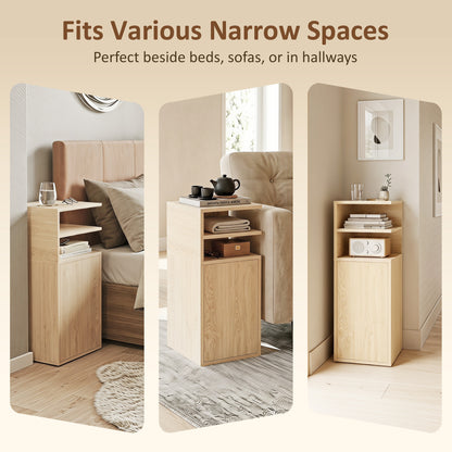 Slim Bedside Table Set of 2, Narrow Bedside Cabinet with Open Cubbies and Cupboard for Bedroom Living Room, Oak