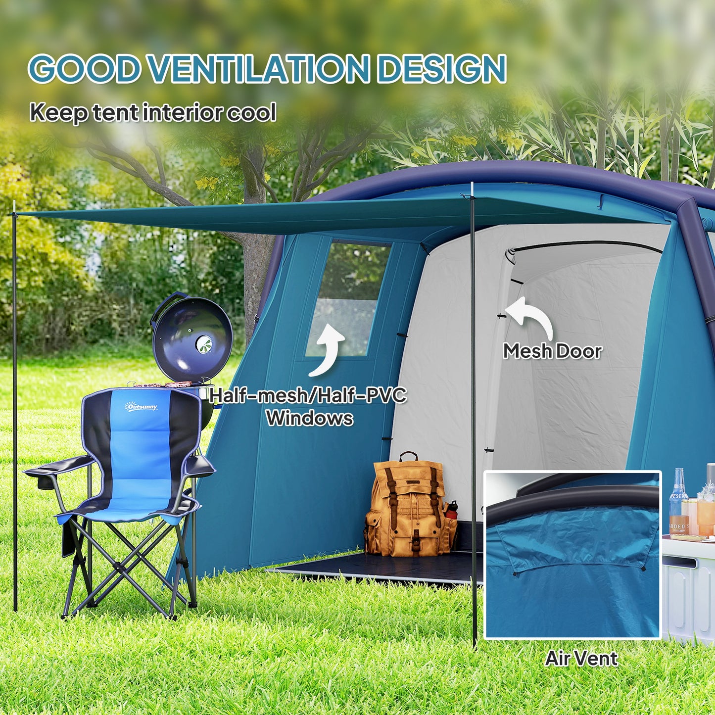 Inflatable 3-4 Man Tunnel Tent w/ Air Pump, Living Area & Vestibule, Waterproof Family Camping Air Tent, Sewn In Groundsheet