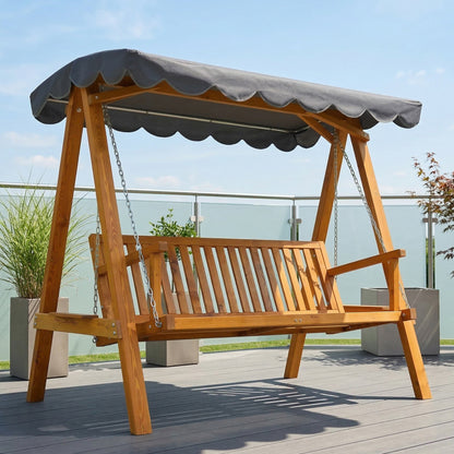3 Seater Garden Swing Seat with Canopy, Wooden Swing Chair, Outdoor Hammock Bench for Balcony Patio Porch, Dark Grey